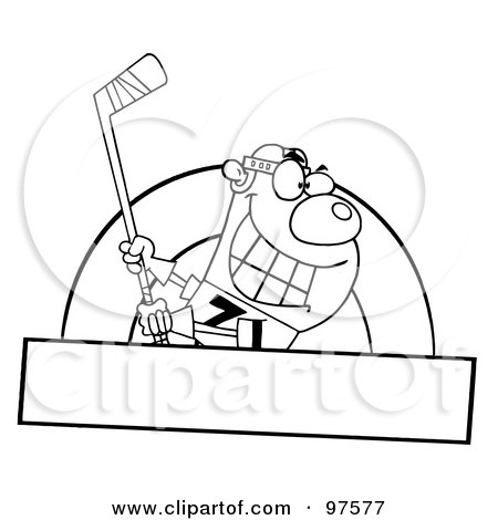 Royalty-Free (RF) Clipart Illustration of a Black And White Ice Hockey Bear Swinging A Stick Over A Blank Box by Hit Toon