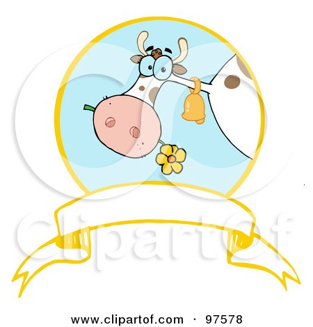Royalty-Free (RF) Clipart Illustration of a Dairy Farm Cow Eating A Flower In A Circle Over A Blank White Banner by Hit Toon