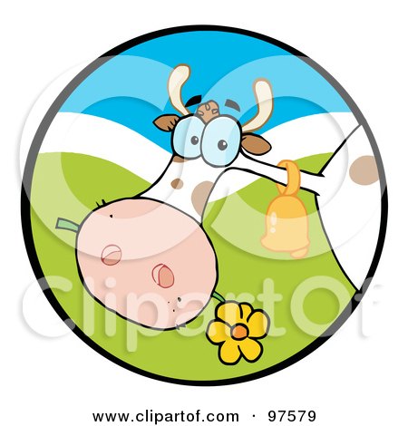 Royalty-Free (RF) Clipart Illustration of a Farm Cow Munching On A Flower In A Hilly Landscape Circle by Hit Toon