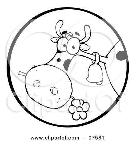 Royalty-Free (RF) Clipart Illustration of a Black And White Farm Cow Munching On A Flower In A Circle by Hit Toon