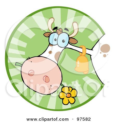 Royalty-Free (RF) Clipart Illustration of a Farm Cow Munching On A Flower In A Green Circle by Hit Toon