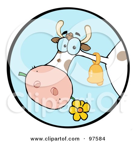 Royalty-Free (RF) Clipart Illustration of a Farm Cow Munching On A Flower In A Blue Circle by Hit Toon
