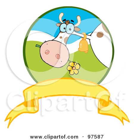 Royalty-Free (RF) Clipart Illustration of a Dairy Farm Cow Eating A Flower In A Circle Over A Blank Yellow Banner by Hit Toon