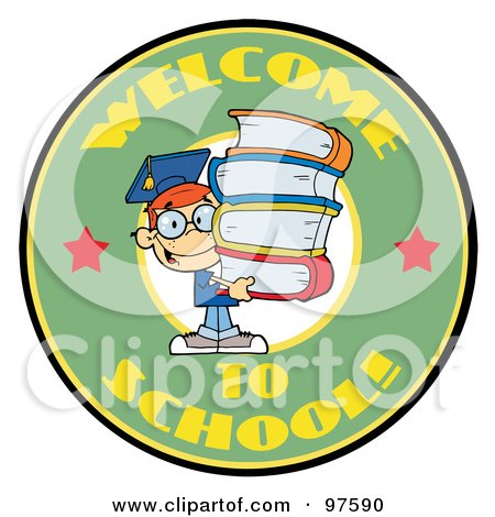 Royalty-Free (RF) Clipart Illustration of a Smart School Boy With Books On A Green Welcome To School Circle by Hit Toon