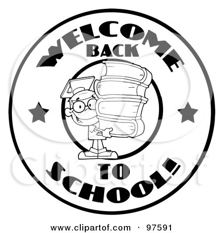 Royalty-Free (RF) Clipart Illustration of a Black And White School Boy With Books On A Welcome Back To School Circle by Hit Toon
