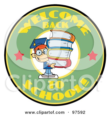 Royalty-Free (RF) Clipart Illustration of a Smart School Boy With Books On A Green Welcome Back To School Circle by Hit Toon