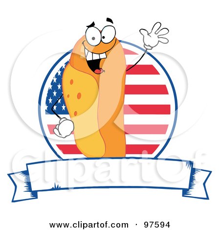 Royalty-Free (RF) Clipart Illustration of a Waving Hot Dog Over An American Circle And Blank Banner Text Box by Hit Toon