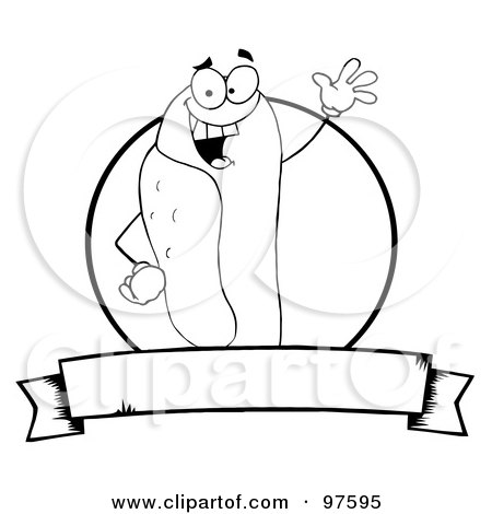 Royalty-Free (RF) Clipart Illustration of a Waving Black And White Hot Dog Over A Circle And Blank Banner Text Box by Hit Toon