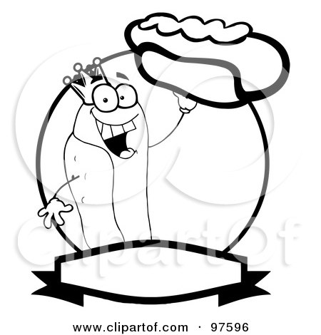Royalty-Free (RF) Clipart Illustration of a Black And White King Hot Dog Holding Up A Garnished Hot Dog Over A Circle And Blank Text Box by Hit Toon