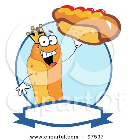 Royalty-Free (RF) Clipart Illustration of a King Hot Dog Holding Up A Garnished Hot Dog Over A Blue Circle And Blank Text Box by Hit Toon