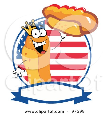 Royalty-Free (RF) Clipart Illustration of a King Hot Dog Holding Up A Garnished Hot Dog Over An American Circle And Blank Text Box by Hit Toon