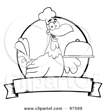Royalty-Free (RF) Clipart Illustration of an Outlined Rooster Chef Serving A Platter Over A Circle And Blank Banner by Hit Toon