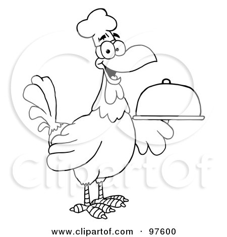 Royalty-Free (RF) Clipart Illustration of an Outlined Rooster Chef Serving A Platter by Hit Toon