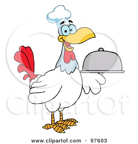 Royalty-Free (RF) Clipart Illustration of a Happy Rooster Chef Serving A Platter by Hit Toon
