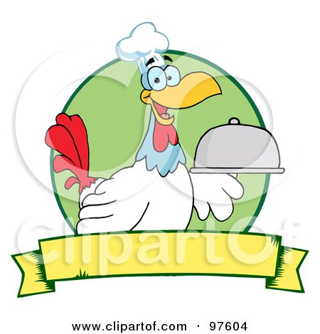 Royalty-Free (RF) Clipart Illustration of a Rooster Chef Serving A Platter Over A Circle And Blank Yellow Banner by Hit Toon