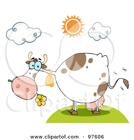 Royalty-Free (RF) Clipart Illustration of a Dairy Farm Cow Eating A Flower by Hit Toon