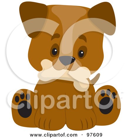 Royalty-Free (RF) Clipart Illustration of a Cute Puppy With A Big Head, Sitting And Holding A Dog Bone In His Mouth by Maria Bell