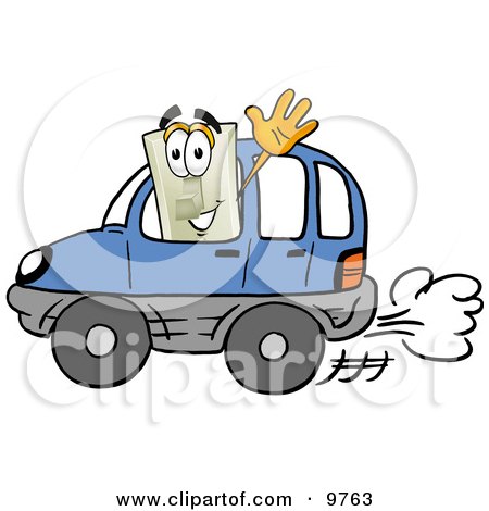 Clipart Picture of a Light Switch Mascot Cartoon Character Driving a Blue Car and Waving by Mascot Junction
