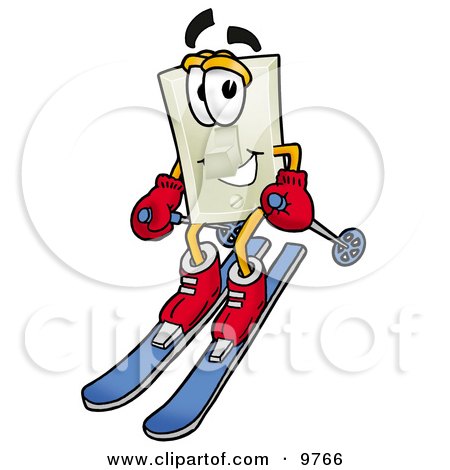 Clipart Picture of a Light Switch Mascot Cartoon Character Skiing Downhill by Mascot Junction