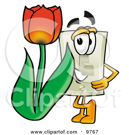 Clipart Picture of a Light Switch Mascot Cartoon Character With a Red Tulip Flower in the Spring by Mascot Junction