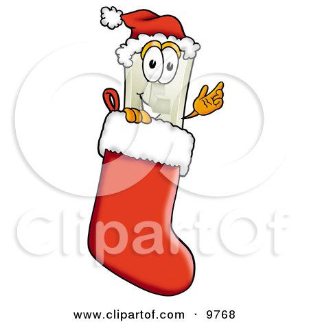 Clipart Picture of a Light Switch Mascot Cartoon Character Wearing a Santa Hat Inside a Red Christmas Stocking by Mascot Junction