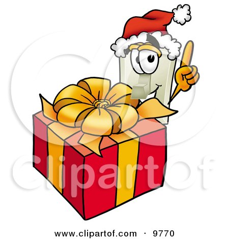 Clipart Picture of a Light Switch Mascot Cartoon Character Standing by a Christmas Present by Mascot Junction
