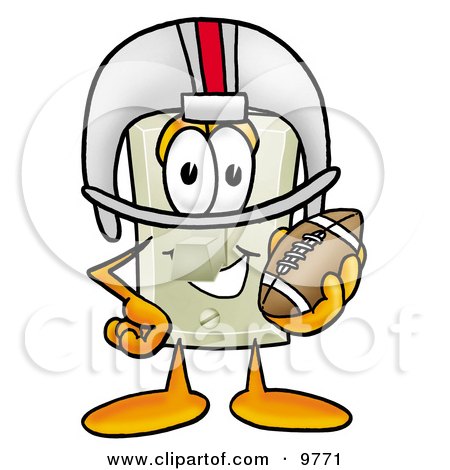 Clipart Picture of a Light Switch Mascot Cartoon Character in a Helmet, Holding a Football by Mascot Junction