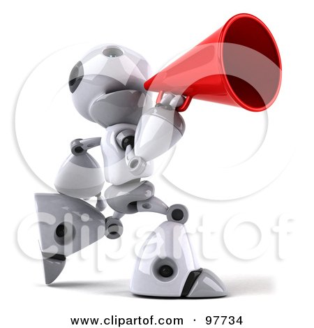 Royalty-Free (RF) Clipart Illustration of a 3d Robot Boy Character Lunging Right And Announcing by Julos