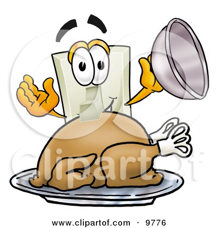 Clipart Picture of a Light Switch Mascot Cartoon Character Serving a Thanksgiving Turkey on a Platter by Mascot Junction