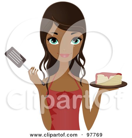 Royalty-Free (RF) Clipart Illustration of a Pretty African American Chef Woman Holding Pancakes And A Spatula by Melisende Vector