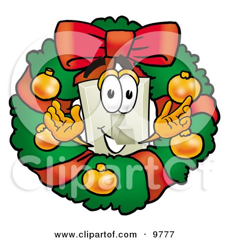 Clipart Picture of a Light Switch Mascot Cartoon Character in the Center of a Christmas Wreath by Mascot Junction