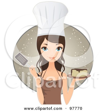 Royalty-Free (RF) Clipart Illustration of a Pretty Brunette Chef Woman Holding Pancakes And A Spatula by Melisende Vector