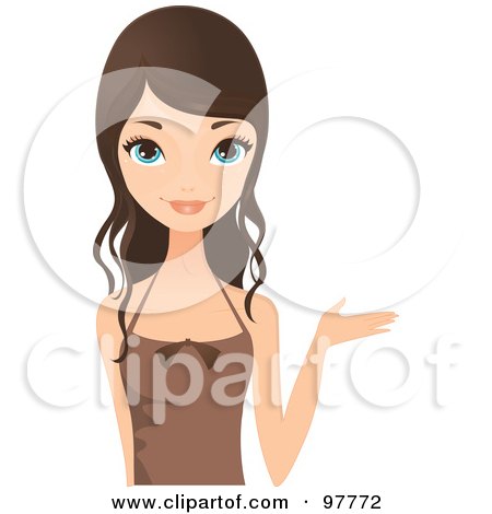 Royalty-Free (RF) Clipart Illustration of a Pretty Brunette Woman With Blue Eyes, Gesturing With One Hand by Melisende Vector