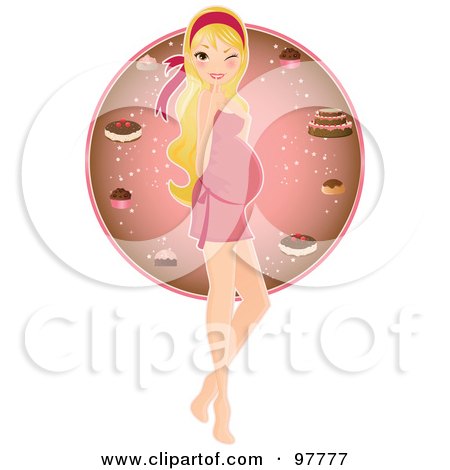 Royalty-Free (RF) Clipart Illustration of a Pretty Blond Pregnant Woman In A Pink Dress, Winking And Standing In Front Of A Dessert Circle by Melisende Vector