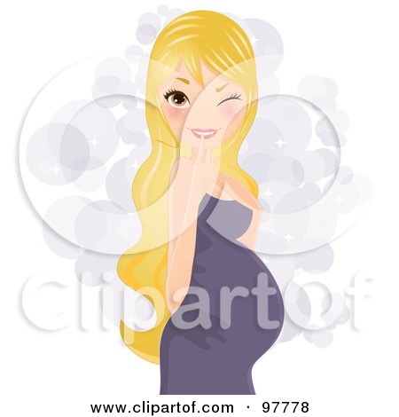 Royalty-Free (RF) Clipart Illustration of a Pretty Blond Pregnant Woman In A Purple Dress, Winking And Touching Her Lips by Melisende Vector