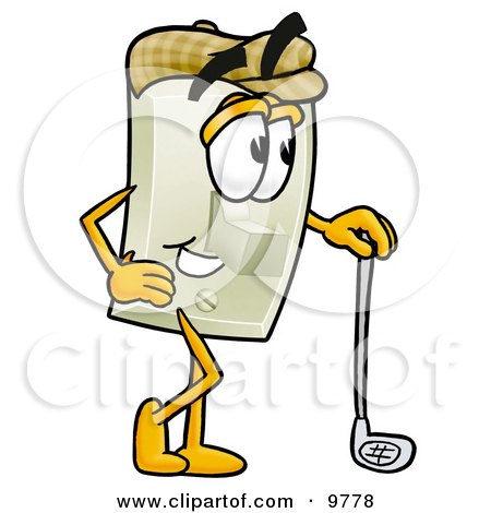 Clipart Picture of a Light Switch Mascot Cartoon Character Leaning on a Golf Club While Golfing by Mascot Junction