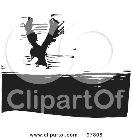 Royalty-Free (RF) Clipart Illustration of a Wood Engraved Styled Scene Of A Landing Crow by xunantunich