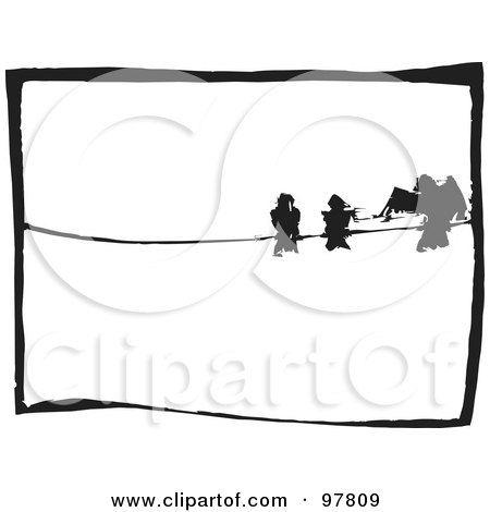 Royalty-Free (RF) Clipart Illustration of a Wood Engraved Styled Scene Of Three Birds On A Wire by xunantunich