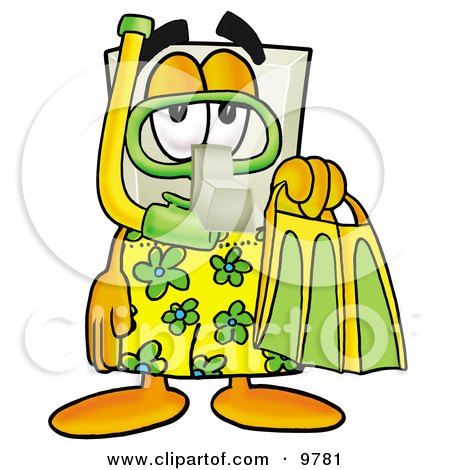 Clipart Picture of a Light Switch Mascot Cartoon Character in Green and Yellow Snorkel Gear by Mascot Junction