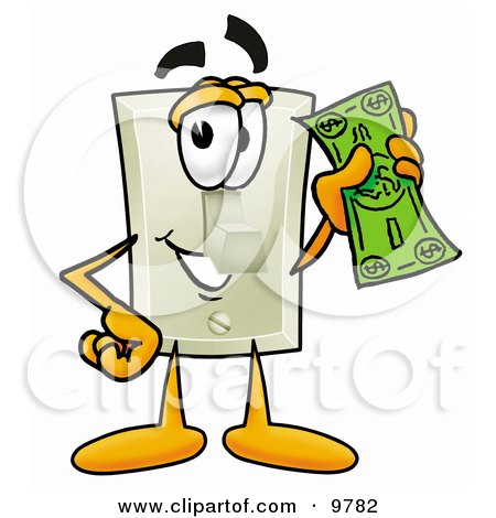 Clipart Picture of a Light Switch Mascot Cartoon Character Holding a Dollar Bill by Mascot Junction