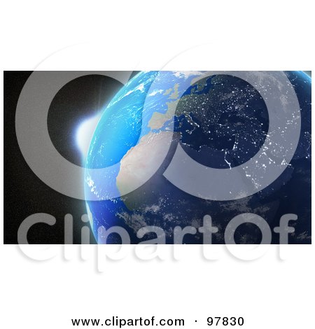 Royalty-Free (RF) Clipart Illustration of a 3d View Of The Sunrise Behind Earth by Mopic