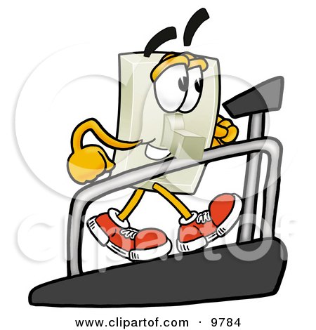 Clipart Picture of a Light Switch Mascot Cartoon Character Walking on a Treadmill in a Fitness Gym by Mascot Junction