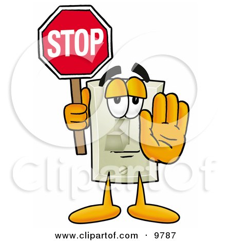 Clipart Picture of a Light Switch Mascot Cartoon Character Holding a Stop Sign by Mascot Junction