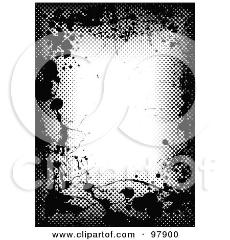 Royalty-Free (RF) Clipart Illustration of a Black And White Grungy Halftone Border With Splatters And White Text Space by michaeltravers