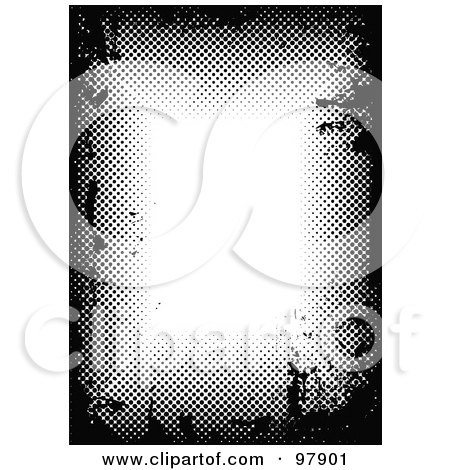 Royalty-Free (RF) Clipart Illustration of a Black And White Grungy Halftone Border With White Text Space by michaeltravers