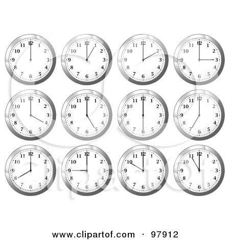 Royalty-Free (RF) Clipart Illustration of a Digital Collage Of Shiny White Office Wall Clocks At Different Times by michaeltravers
