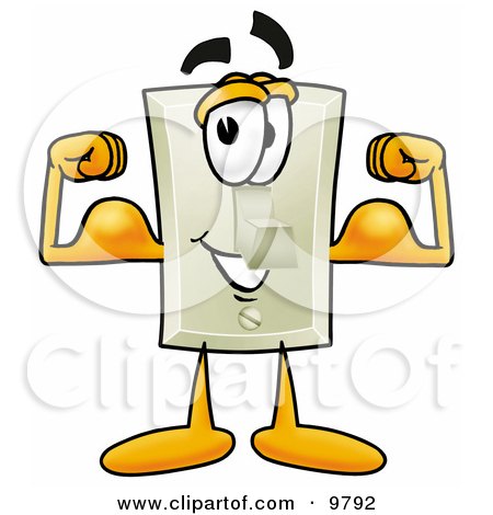 Clipart Picture of a Light Switch Mascot Cartoon Character Flexing His Arm Muscles by Mascot Junction