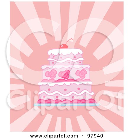 Royalty-Free (RF) Clipart Illustration of a Triple Tiered Pink Wedding Cake On A Shining Pink Background by Hit Toon