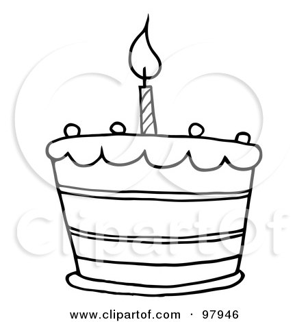 Royalty-Free (RF) Clipart Illustration of an Outlined Tiered Birthday Cake With One Candle On Top by Hit Toon