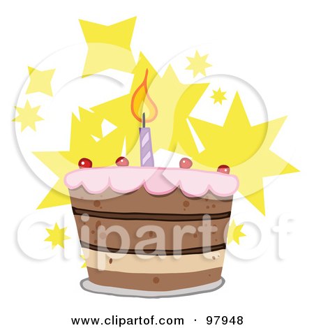 Royalty-Free (RF) Clipart Illustration of a Tiered Birthday Cake With One Candle On Top Over Stars by Hit Toon